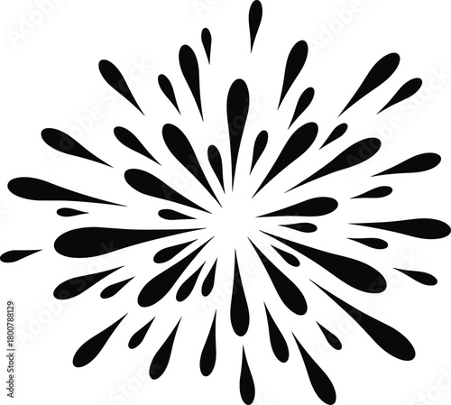 Radial burst, abstract explosion, teardrop pattern, symmetrical design, dynamic motion, black graphic, energy symbol, stylized firework, minimal art, vector illustration