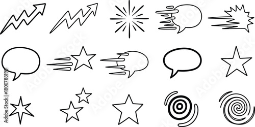 Comic speech bubbles, action symbols, graphic elements, black and white vector, motion icons, starburst, lightning bolt, dynamic design