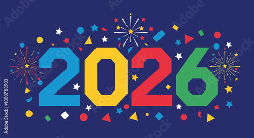 Colorful 2026 New Year Celebration with Fireworks and Confetti.