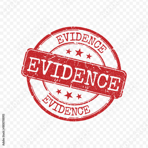 Red circular distressed rubber stamp with EVIDENCE text and three stars