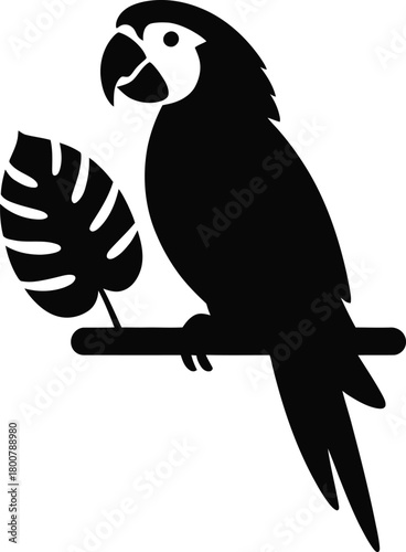 Vibrant macaw perched beside a large tropical leaf silhouette