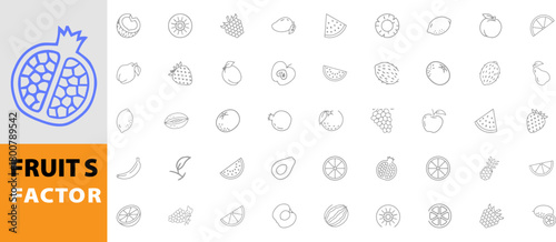 Vector fruit icon set with outlined tropical and organic fruit symbols, minimal linear style pomegranate logo, healthy food illustration pack for branding, packaging, labels, and UI design