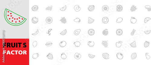 Minimalistic fruit icon set with outlined illustrations of popular fruits like pomegranate, watermelon, pineapple, and more. Ideal for health, food, and creative design projects