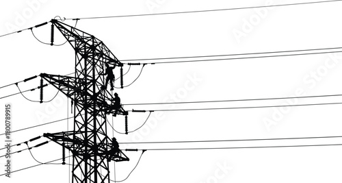 High voltage transmission tower silhouette vector, workers performing maintenance with safety gea