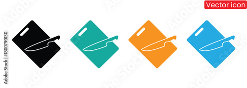 Colorful cutting boards with knives for food preparation,Catering icon set. Containing fork, spoon, knife, plate, cloche, tray, chef hat, beverage, food, dining table, and waiter.