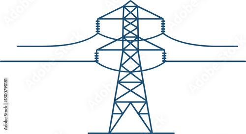 High voltage transmission tower silhouette, lattice pylon vector illustration, electricity infrastructure design, insulators and power lines, energy distribution system, industrial grid network