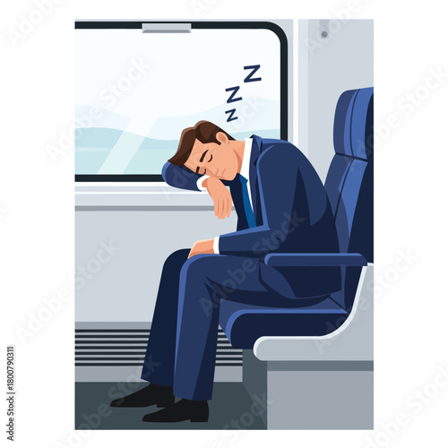 Exhausted passenger finding restful sleep on a train journey after a demanding workday