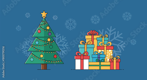Festive Christmas Tree and Gift Pile Illustration on Blue Background.