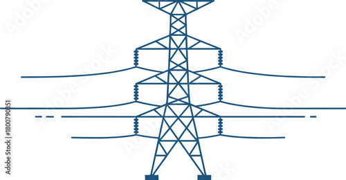 High voltage transmission tower silhouette, lattice pylon vector illustration, electricity infrastructure with