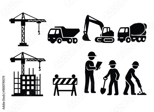 Construction equipment workers and building site icons in a black and white design
