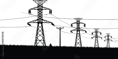 High voltage transmission towers silhouettes, power lines vector illustration, electricity infrastructure perspective, rural energy grid system, utility pole and transformer design elements