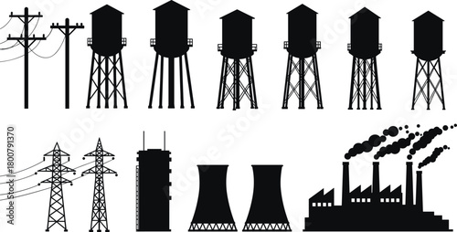 Industrial utility structures silhouette vector illustration, water towers, transmission towers, cooling towers, factory smokestacks, urban infrastructure energy production system design artwork