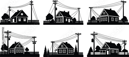 Residential houses silhouette, utility poles with power lines, suburban infrastructure, electricity distribution 