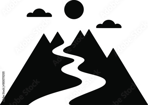 Serene mountain peaks with a winding path silhouette