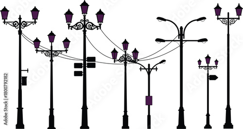 Street lamps silhouette, utility poles with overhead wires, ornate lantern designs, purple light fixtures, urban infrastructure illustration, city planning visualization, vector art