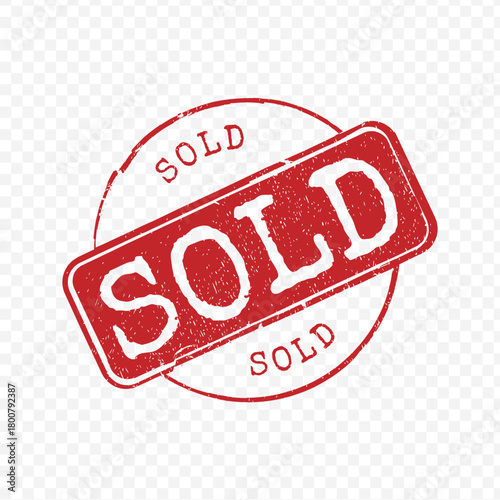 Circular red distressed SOLD stamp with bold slanted text in the center