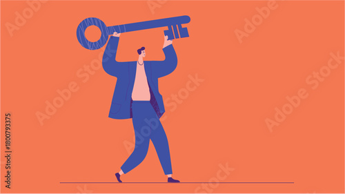 Business person holding large key – modern flat vector illustration symbolizing success, opportunity, and access