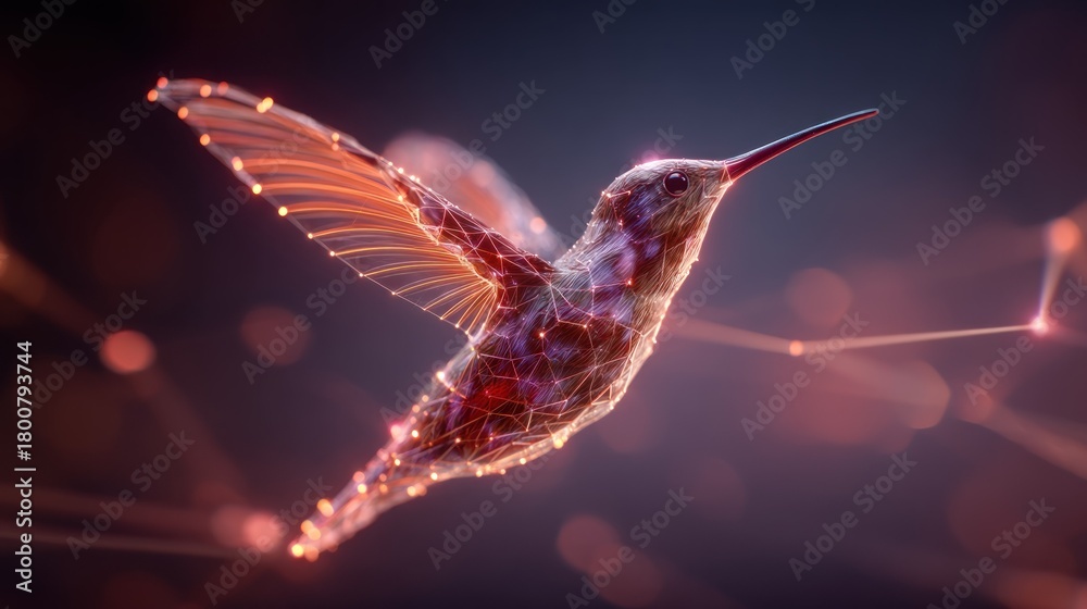 Fototapeta premium A digital hummingbird with glowing, wireframe wings and a detailed, colorful body, set against a blurred, bokeh background with a gradient of warm colors.