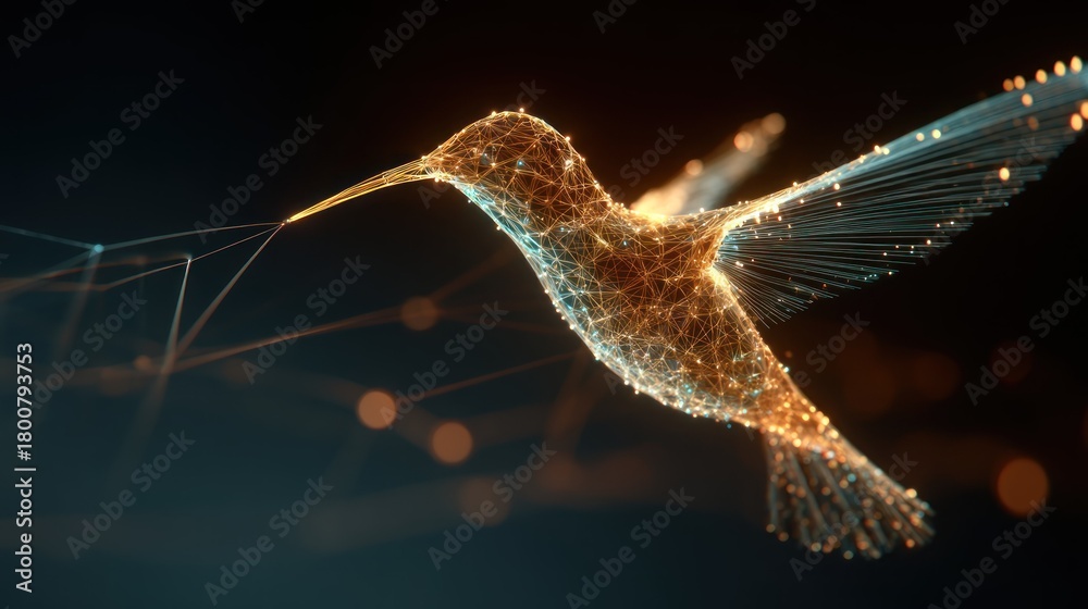Fototapeta premium A hummingbird with glowing, intricate patterns, flying against a dark, blurred background with a network of lines and dots.