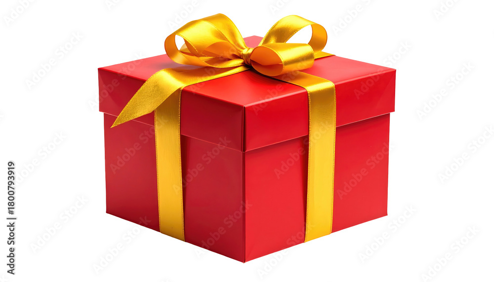 Obraz premium Glossy red gift box with bright yellow ribbon and bow, isolated on black