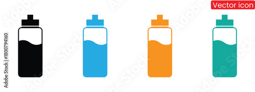 Vibrant water bottles icons offer hydration choices,Water bottle icons set in solid black and stroke line style,Plastic bottle black icon set isolated on transparent. Water bottle flat line style set.