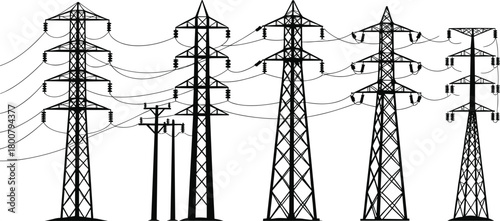 Transmission towers and utility poles silhouettes, vector illustration of electricity distribution and high voltage infrastructure, lattice pylons and wooden poles energy grid design