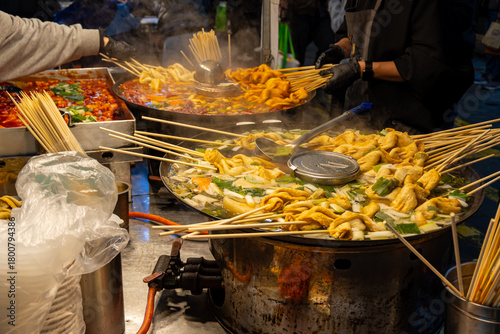 tourist attractions in the city park of street food Myeong dong seoul City, Asia business concept image, panoramic modern cityscape building in korea. 
