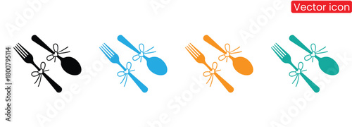 Fork, knife, spoon set icons.  Dinner service collection. Tableware set flat style. fork and knife for apps and websites.Elegant cutlery sets with ribbon and heart detail,