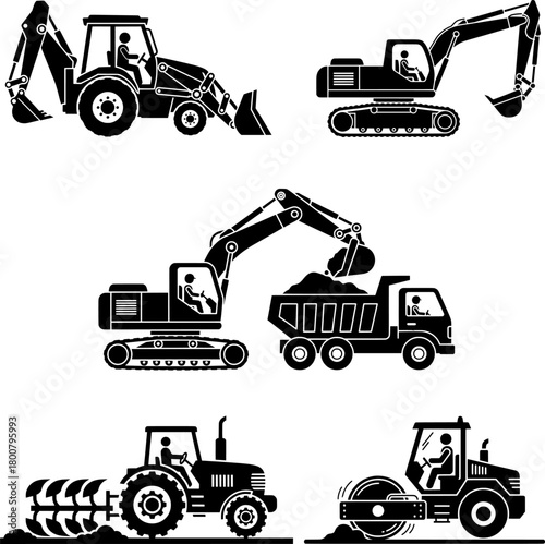 Heavy Construction, Excavation, and Farming Equipment Icons Set