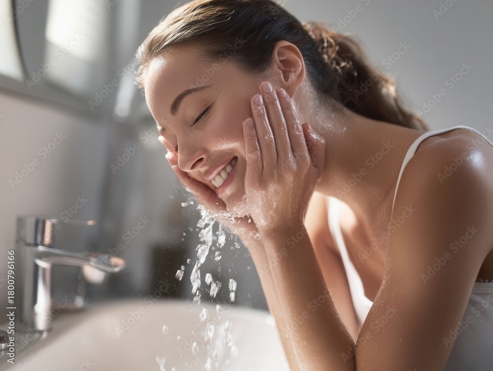 Naklejka premium A young Caucasian woman with long brown hair washes her face at a bathroom sink. Water splashes around her, creating a refreshing atmosphere.