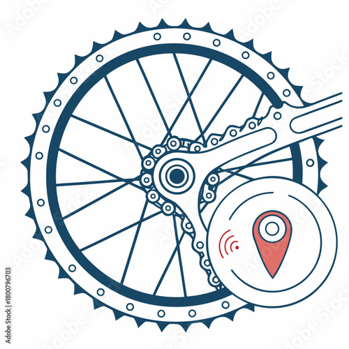 Bicycle wheel with gps tracker isolated on enables tracking