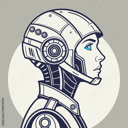 Cyborg woman with blue eyes, wearing futuristic helmet, isolated on white