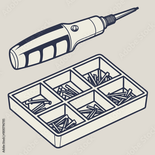 Illustration of a watch repair tool and a box of pins isolated on