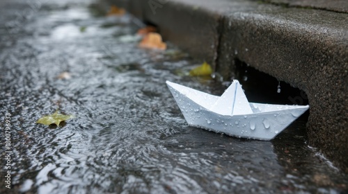 Fototapeta Naklejka Na Ścianę i Meble -  A small white paper boat floats in a puddle near a drain. Raindrops create ripples in the water. Autumn leaves are scattered around the scene.