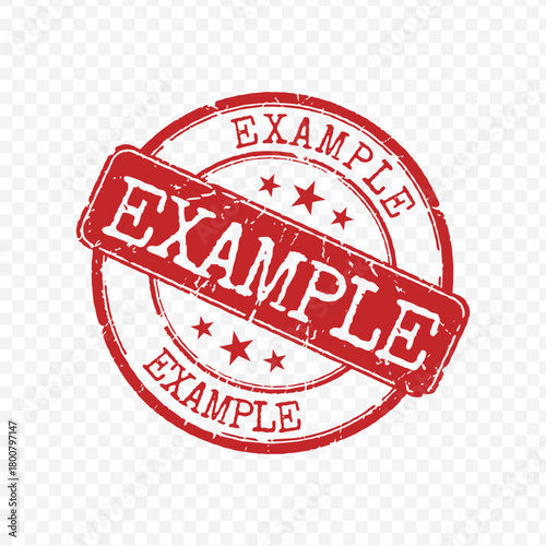 Grunge red circular rubber stamp with bold Example text and stars isolated on transparent background