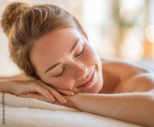Young Caucasian woman with brown hair relaxes during a massage. She has a serene expression and is lying on a soft surface in a bright, calming environment.