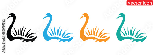 Elegant swan icons swimming in colorful water graphic art,swan animal logo beauty fashion vector