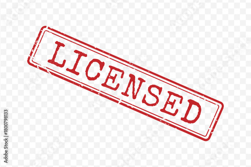 Distressed red rectangular stamp with Licensed text and thin frame isolated on transparent background