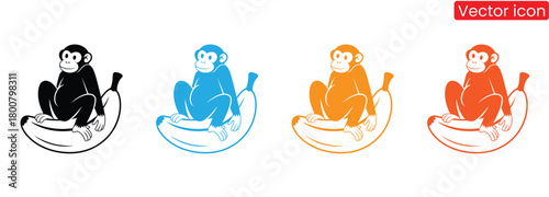 Monkey silhouette icon. Animal icon. Black icon. Silhouette icon,Fun loving monkeys on bananas in various modern colors,