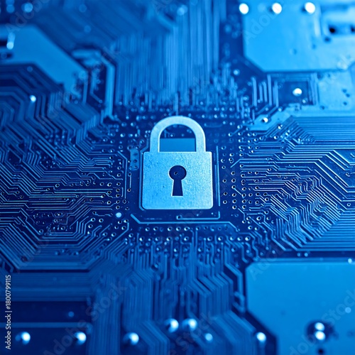 A close-up view of a circuit board illuminated in blue light, featuring a centrally positioned padlock icon
