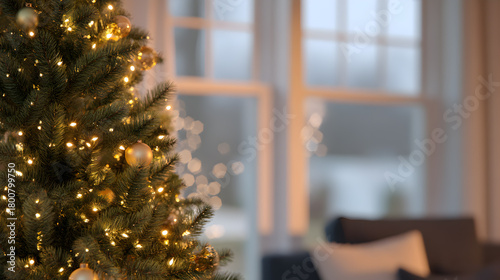Gold Christmas ornaments on tree in bright modern living room