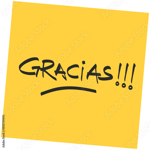 Gracias, frase en español en nota autoadhesiva amarillo anaranjado. Texto de caligrafía vectorial. Recurso gráfico.