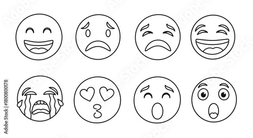 Emoji Faces Outline Vector Set – Various Expressions Illustration