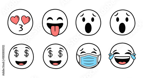 Emoji Faces Outline Vector Set – Various Expressions Illustration