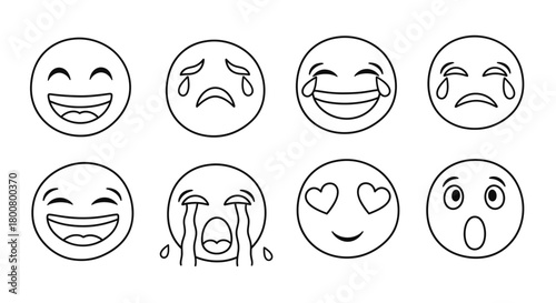 Emoji Faces Outline Vector Set – Various Expressions Illustration