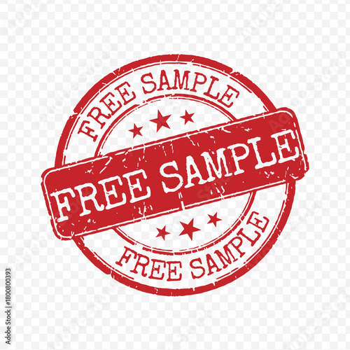Grunge red circular rubber stamp with Free Sample text and three stars isolated on transparent background