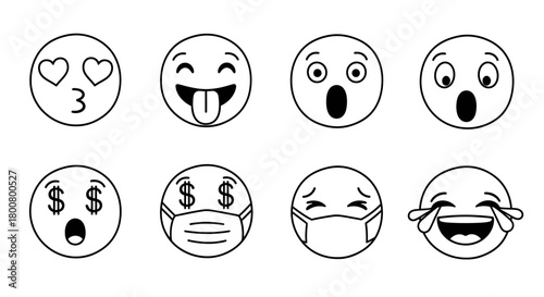 Emoji Faces Outline Vector Set – Various Expressions Illustration