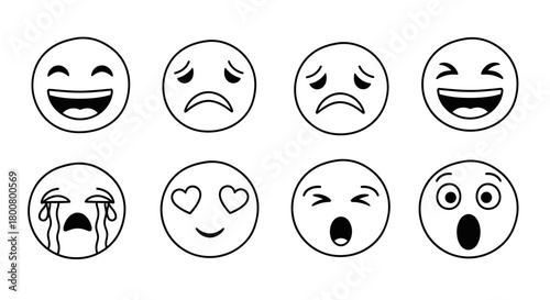 Emoji Faces Outline Vector Set – Various Expressions Illustration