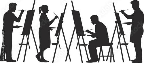 Artist silhouette illustration, people painting at easels, creative posture vector set, art class scene, black figure icons