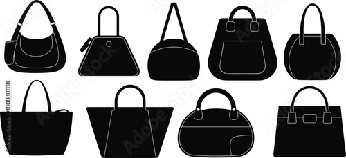 Handbag silhouette vector set with diverse shapes and handles, black isolated fashion accessory artwork, purse design concept,\